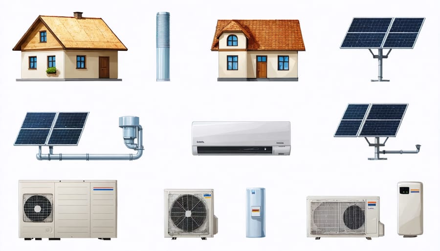 Collage of home improvements including insulation, efficient HVAC, and solar installations