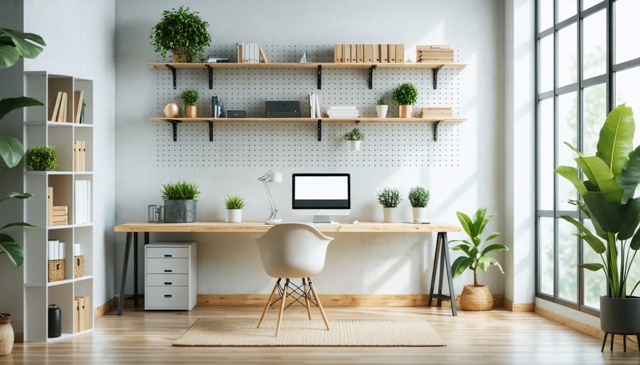 Small home office utilizing vertical space with wall shelves and a pegboard for storage