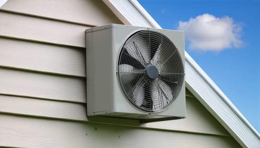 Installed attic gable fan with visible fan blades and housing on exterior gable wall