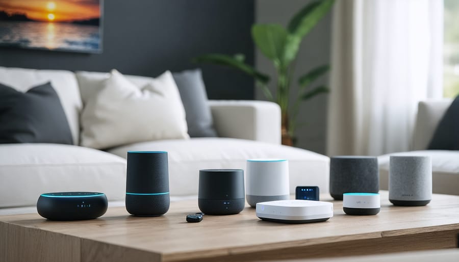 Smart home devices from multiple brands integrated seamlessly in a living room