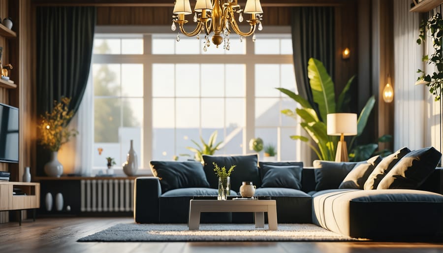 A well-lit living room showcasing layered lighting techniques