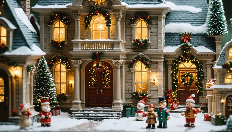 Detailed view of a lighted and animated Christmas village building