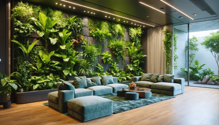 Impressive living wall featuring diverse plants in a contemporary living room