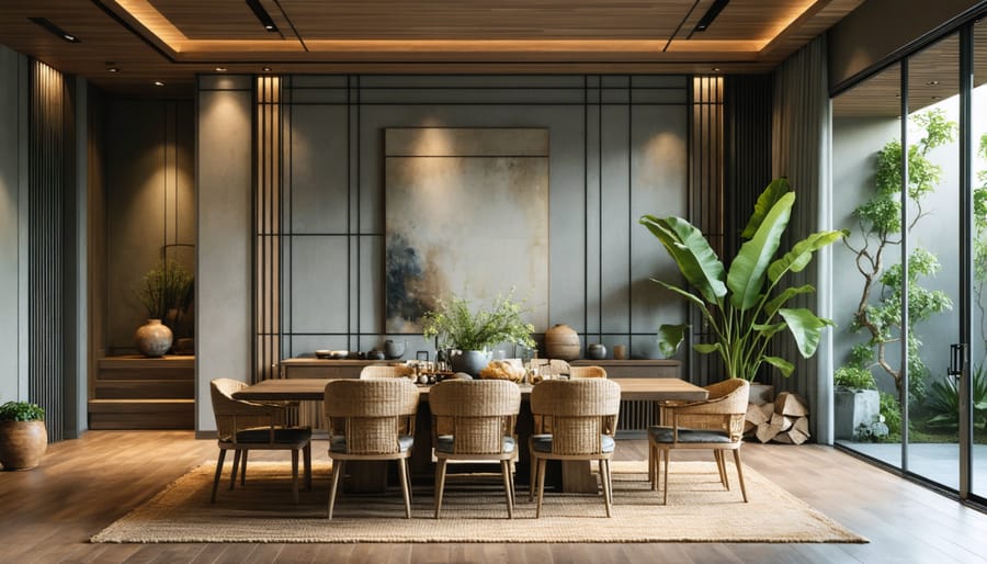 Harmonious dining room interior combining smooth and rough textures