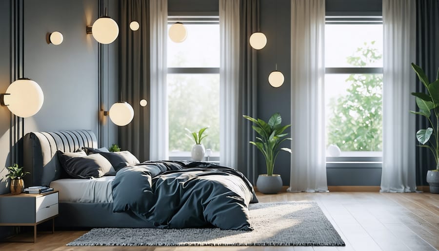 Bedroom interior with modern pendant light, sconces, and table lamps