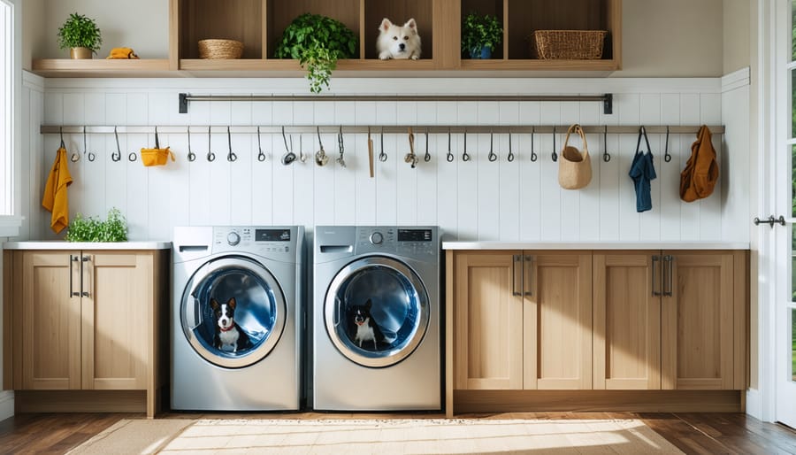 Well-organized mudroom featuring a dedicated dog washing area and pet supply storage