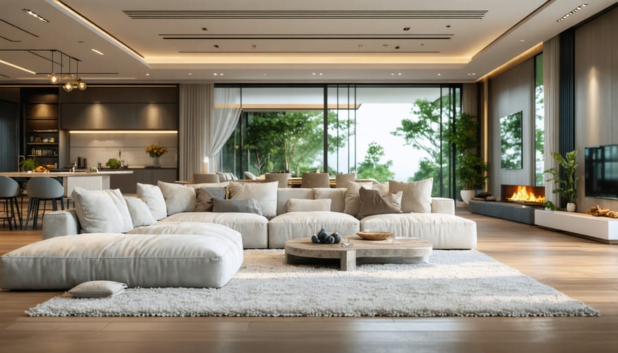 Well-planned living room layout with separate areas for lounging, dining, and entertainment