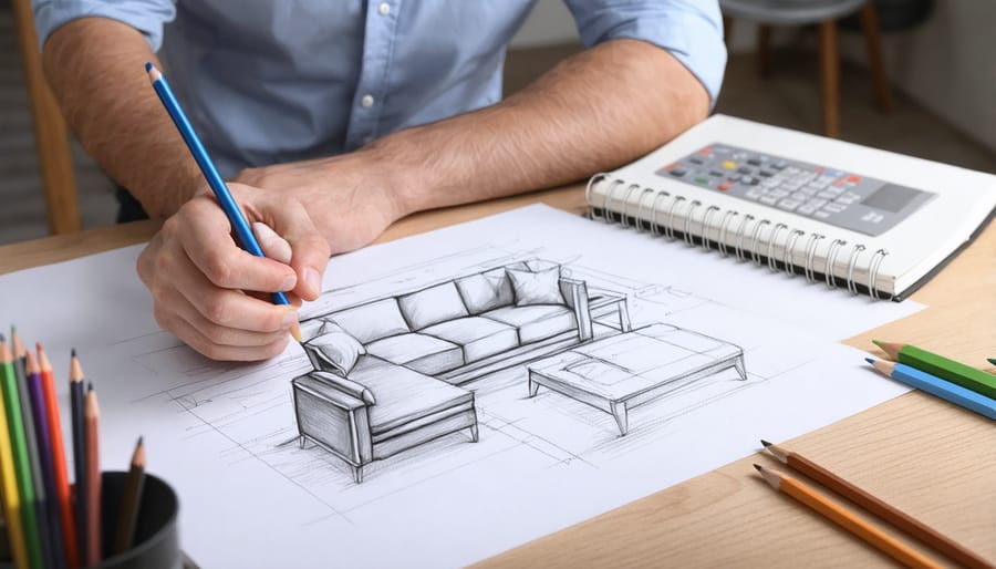 Person sketching DIY multifunctional furniture design plans