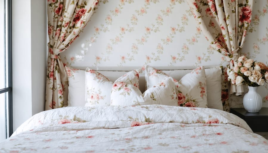 Bedroom interior displaying repetition of floral patterns for a harmonious look