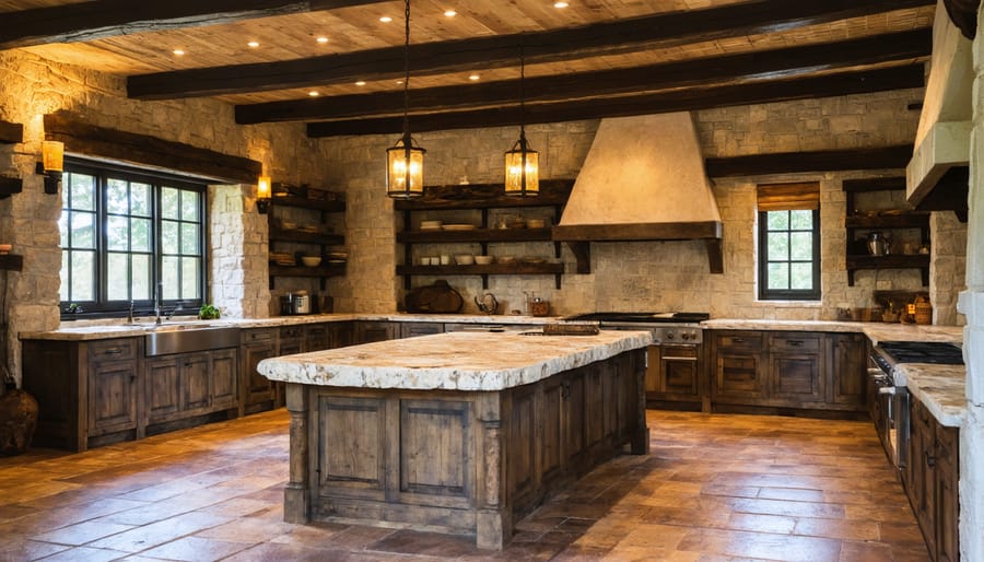 Charming kitchen with reclaimed wood and stone elements creating an inviting organic atmosphere