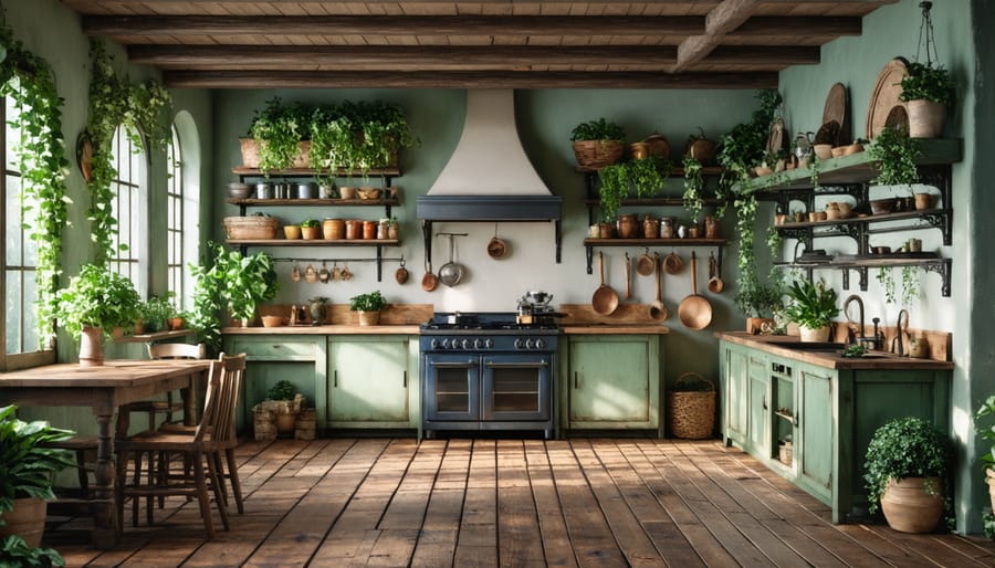 Reclaimed wood flooring adding character to a charming, rustic kitchen