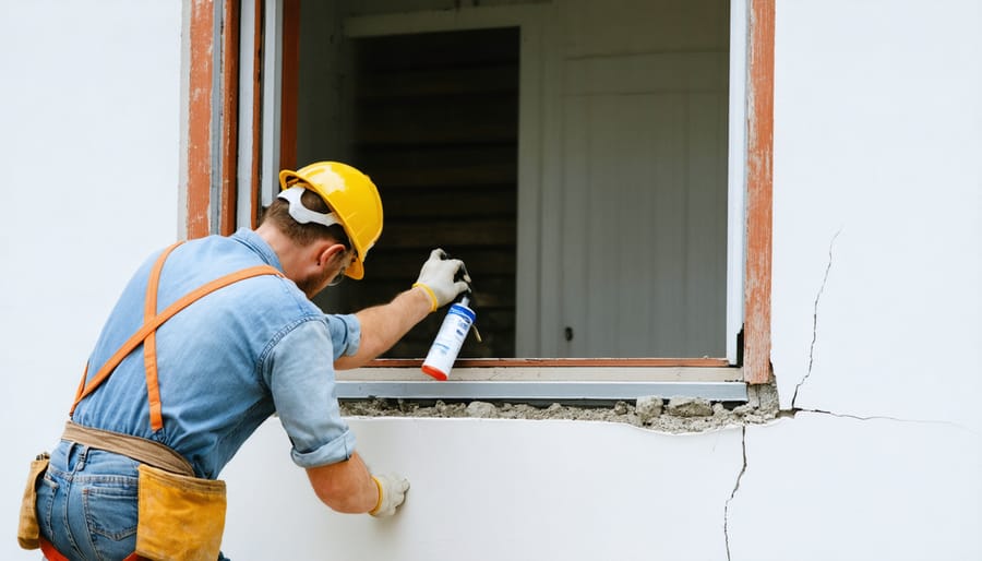 Professional weatherizing a window to prevent air leaks