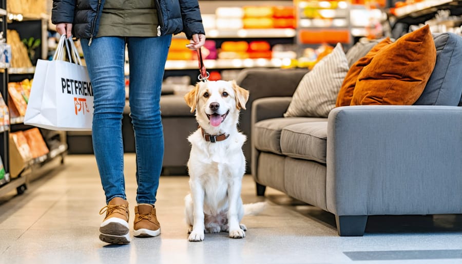 Pet owner and their dog shopping for pet-friendly furniture together in a store