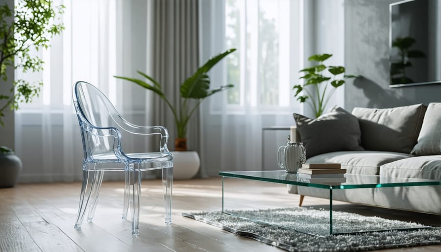 Small living room featuring transparent furniture for an open feel