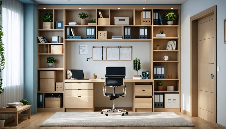 Small home office with designated work and storage zones for optimal organization