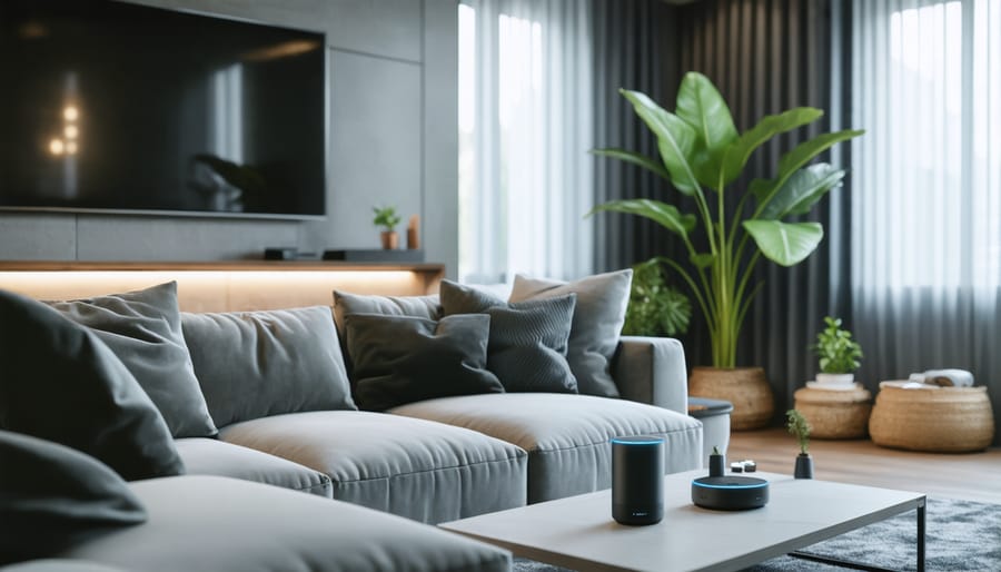 Smart home devices seamlessly integrated into a stylish apartment living room