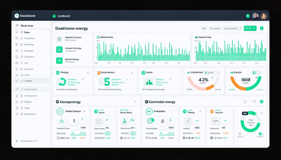 Interactive smart home energy dashboard displaying power usage statistics and connected device status