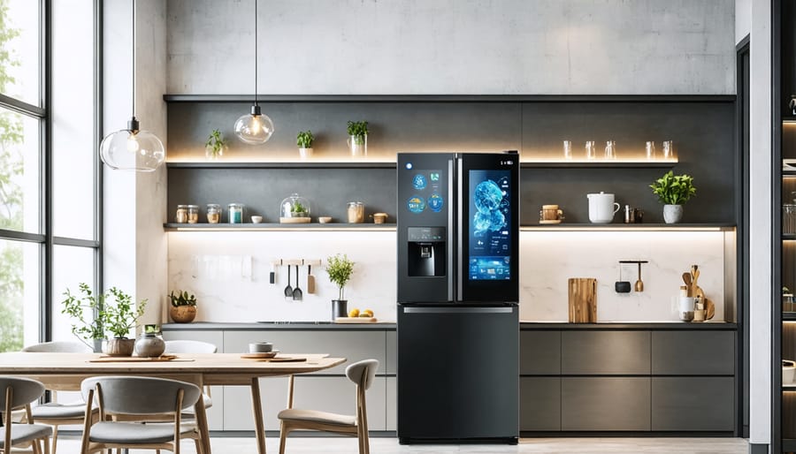 Energy-efficient smart refrigerator in a modern kitchen