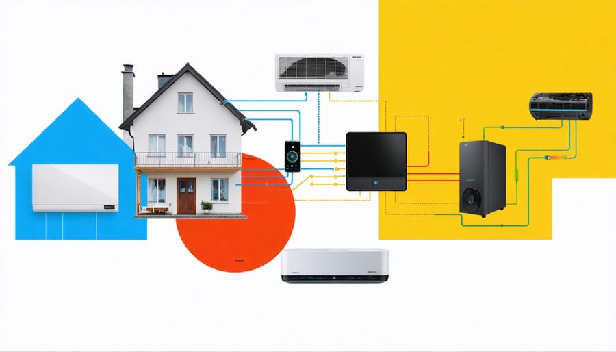 Visualization of how a smart HVAC system connects and works with various smart home devices and assistants