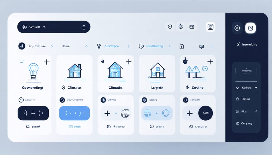 Digital dashboard displaying various smart home automation controls and metrics