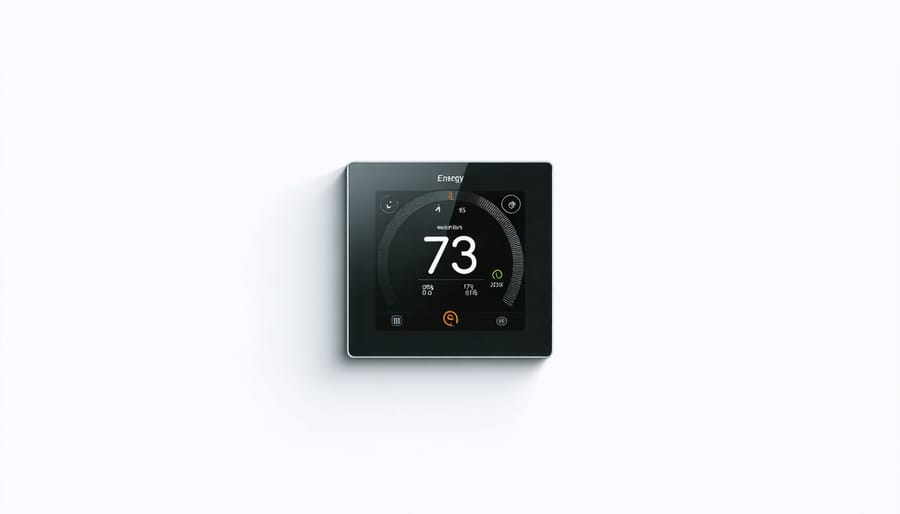 Illustration of a smart thermostat interface showing energy consumption and cost savings