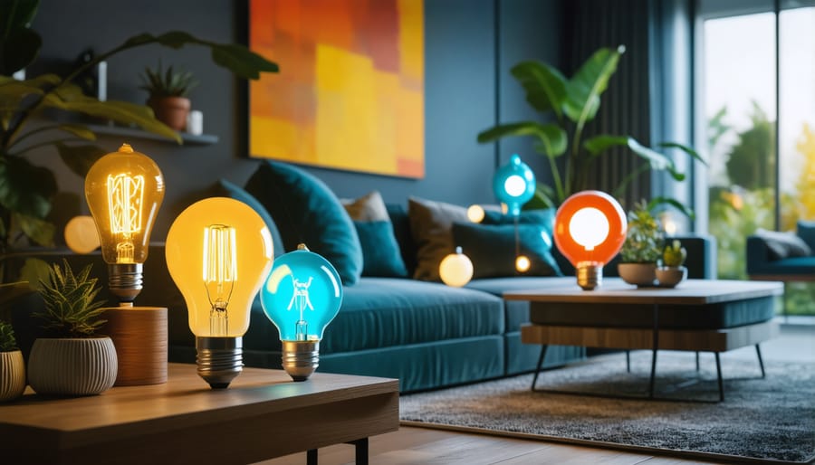 Color-changing smart light bulbs creating a vibrant ambiance in a living room