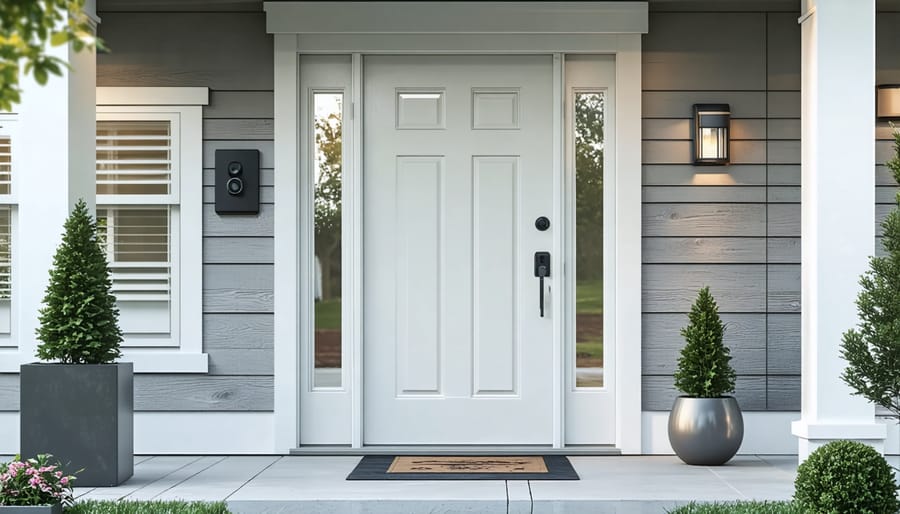 Close-up of a smart lock and smart doorbell installed on a front door