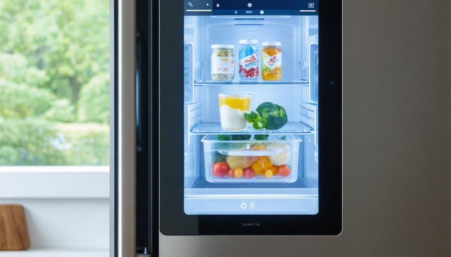 Smart refrigerator featuring a touchscreen interface displaying contents and a recipe application