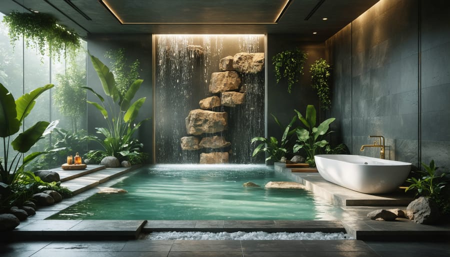 Tranquil bathroom featuring an impressive water wall and lush greenery for a nature-inspired retreat