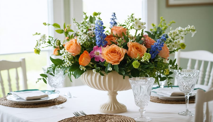 DIY spring floral centerpiece with colorful blooms and greenery