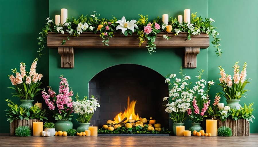 Spring mantel decor vignette with DIY decorative elements