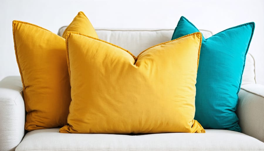 Handmade spring-colored throw pillows on a living room sofa