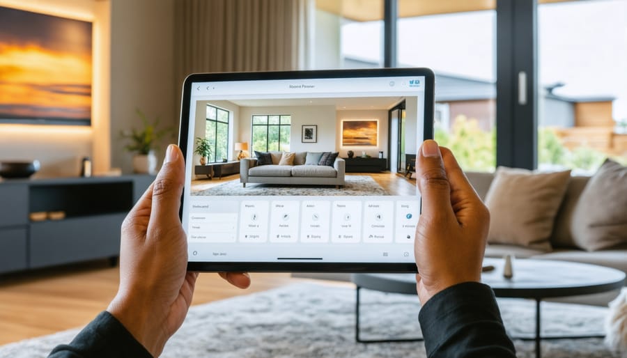 Demonstration of using interactive room planner tool to visualize furniture layout in a living room