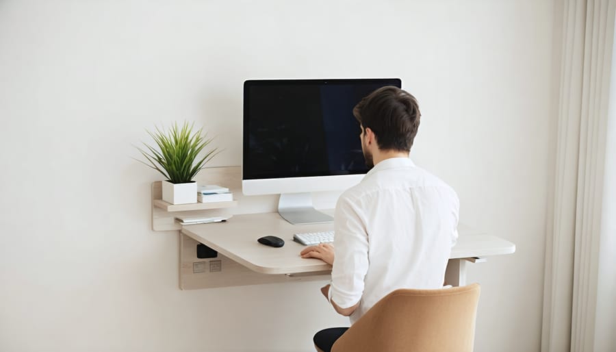 Demonstration of a space-saving wall-mounted folding desk