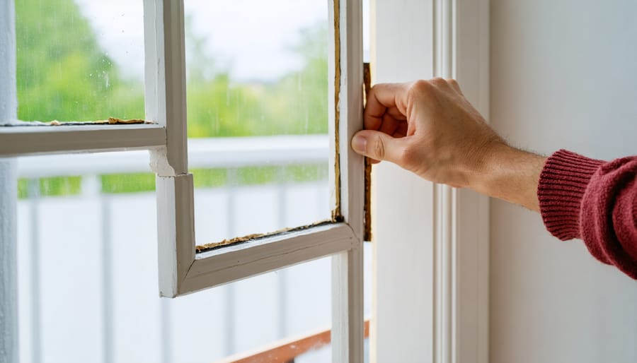 Weatherstripping being applied to seal gaps around a window