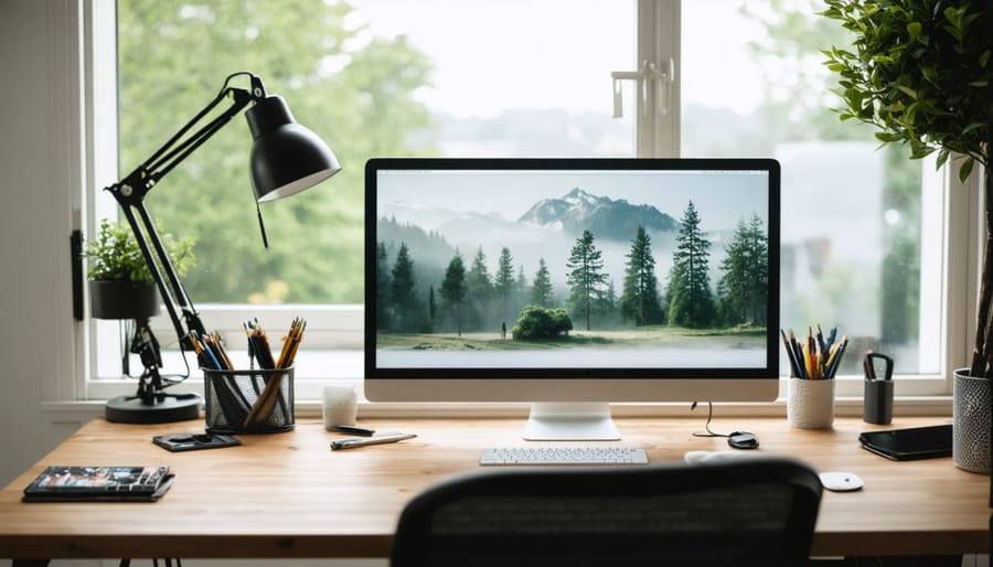 Well-lit shared home office with organized cables and personalized decor