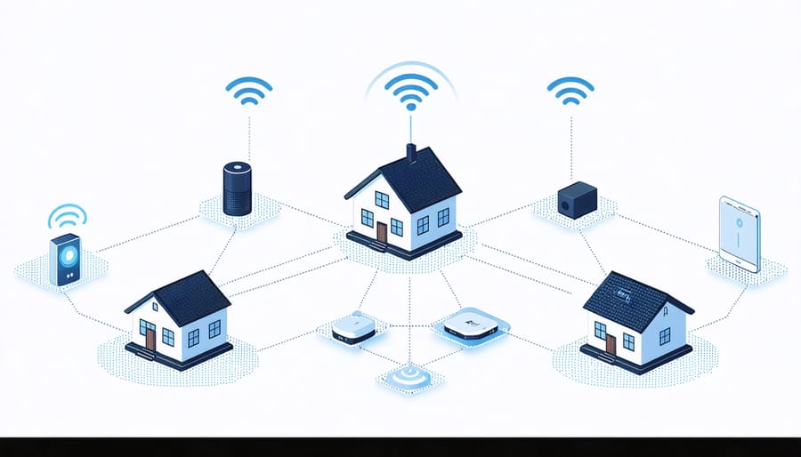 Diagram of Zigbee mesh network enabling communication between smart home devices