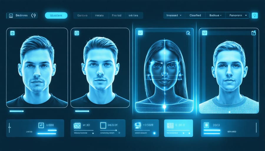 Smart home security dashboard displaying facial recognition analysis of multiple people