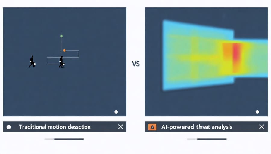 Comparison of basic motion detection and advanced AI threat detection systems showing enhanced identification capabilities