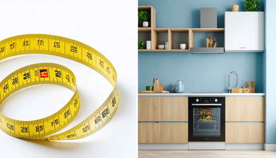 Measuring space for home appliances with measuring tape and dimension guidelines