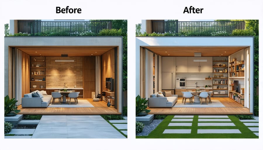 Side-by-side comparison of planned versus completed indoor-outdoor living space renovation