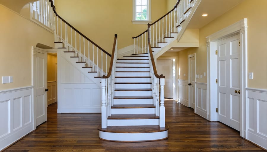 Elegant white painted wooden staircase featuring classic turned spindle balusters and dark mahogany handrail