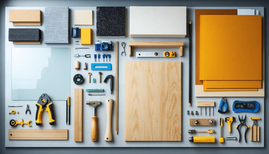 Flat lay of materials and tools needed for DIY desk divider projects