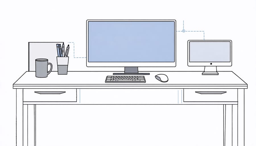 Labeled illustration of correct ergonomic desk setup with measurements for monitor height, keyboard placement, and viewing distances