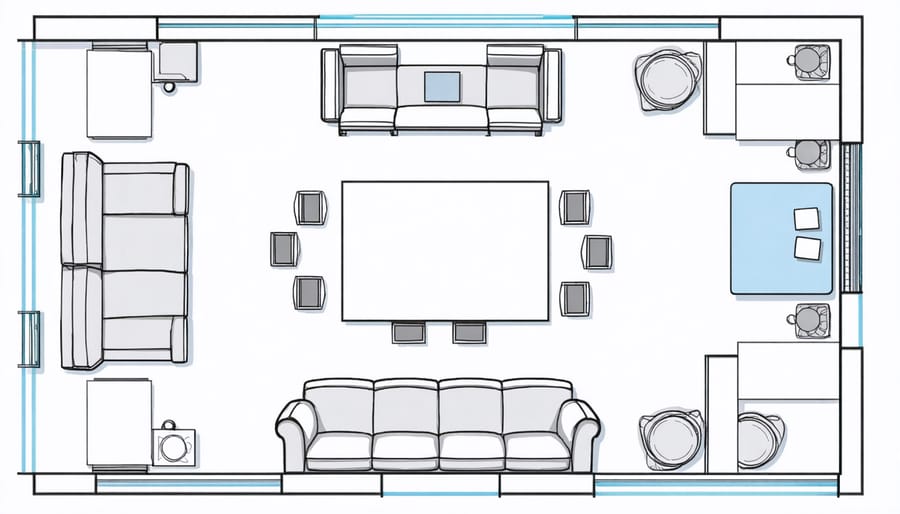 Diagram illustrating strategic furniture arrangement for maximum energy efficiency in a living room