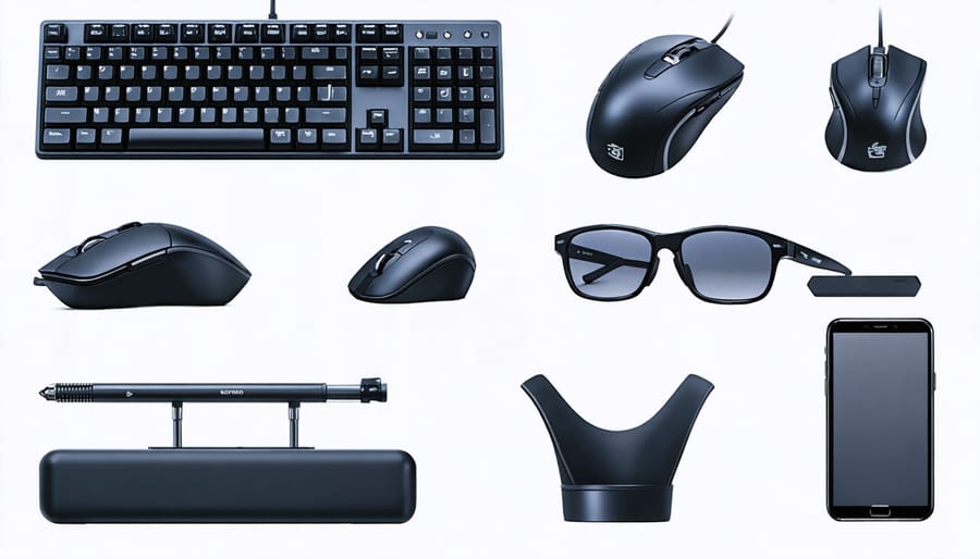 Various ergonomic office accessories including split keyboard, vertical mouse, and gel wrist rests arranged on a desk