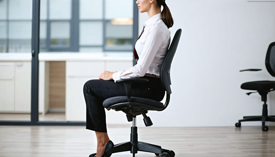 Person sitting with correct posture in an ergonomic office chair, demonstrating proper alignment of spine, arms, and feet