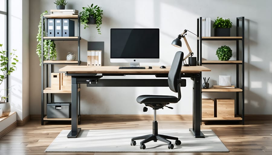 Ergonomic home office with height-adjustable desk, mesh chair, and built-in shelving