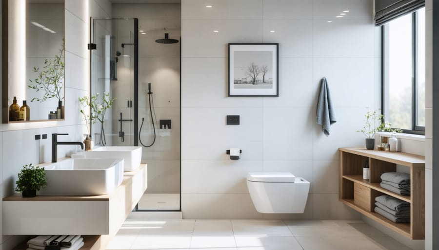 Contemporary bathroom featuring wall-mounted fixtures and clever storage solutions