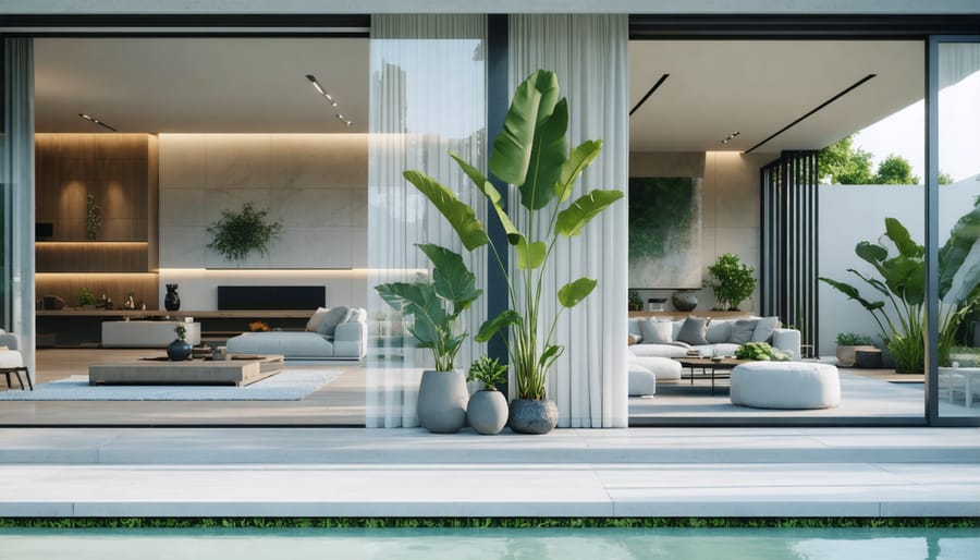 3D visualization of indoor-outdoor living space transition with matching design elements